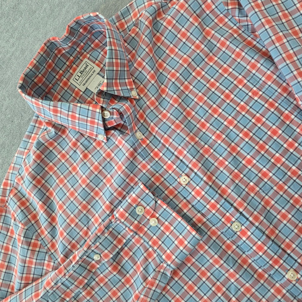 LL Bean Mens Traditional Fit Plaid Button Down Shirt Medium Blue Orange
